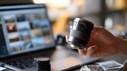 Hand holds camera lens; laptop displays photos, blurred background