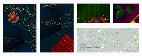 Random set of New Year's and Christmas backgrounds for social media, prints, graphic arts, and design. The collection includes foil, luxury navy blue, and gold