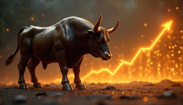 Powerful bull figure stands on dark ground, facing bright golden upward-trending graph line with arrow, in sparkling background. Strong bullish market, financial growth, investment success,