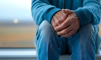 Close-up of elderly person's hands resting on knee, wearing blue sweater and jeans, against blurred outdoor background. Represents aging, solitude, and contemplation.
