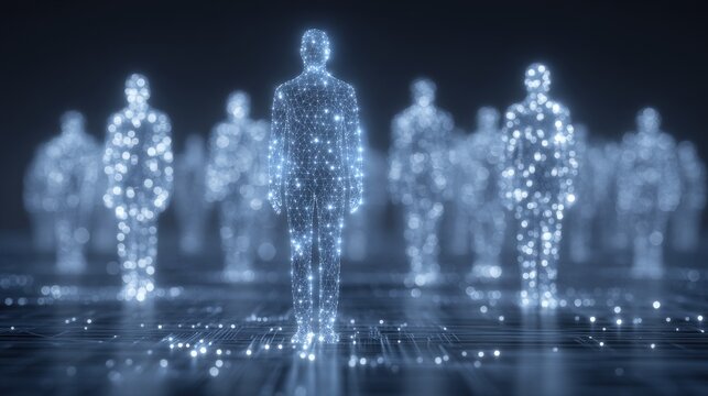 A group of human figures is displayed as holographic silhouettes made of glowing particles. Each figure stands on a circuit-like surface, creating a futuristic and technological atmosphere. - Powered by Adobe
