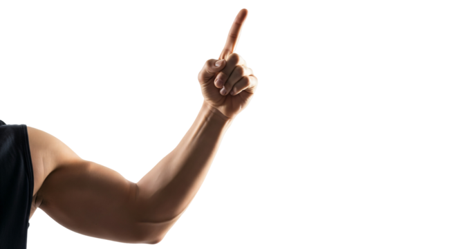 A close-up studio shot isolates a muscular male arm and hand against a transparent background. The hand is raised above the arm, with the index finger pointed straight upwards.
