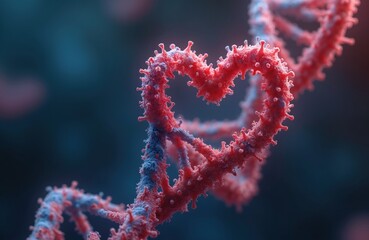 Abstract red and blue DNA helix forms heart shape. Genetic code molecule entwined symbolizes love, connection, health, science, and romance. Medical background.