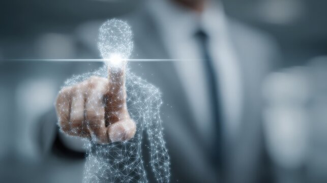 A business professional in a suit is reaching out to touch a glowing holographic figure that appears in front of them. The scene highlights the interaction between technology and modern work. - Powered by Adobe