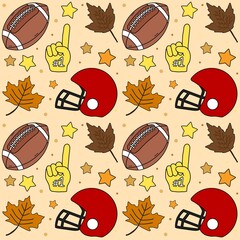 Autumn Football Game Day Celebration Elements seamless pattern beige background