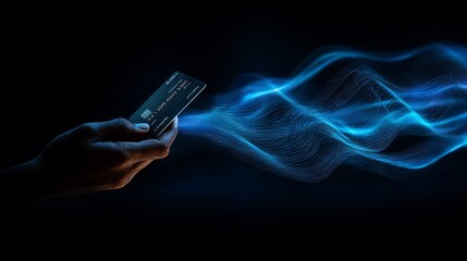 Hand holds credit card with flowing, luminous blue energy trails behind it