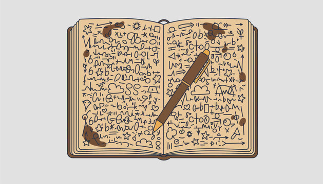 A closeup of a notebook filled with scribbled lyrics coffee stains and doodles with a pen resting atop its pages.