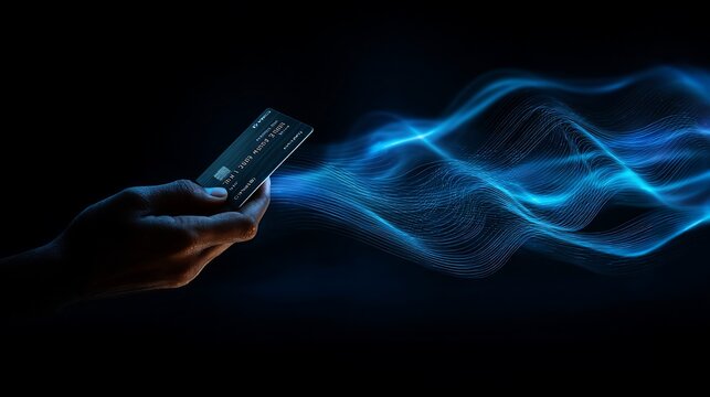 Hand holds credit card with flowing, luminous blue energy trails behind it - Powered by Adobe