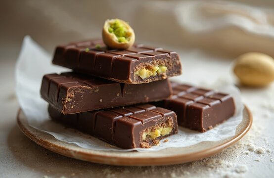 Stacked chocolate bars filled with pistachio paste and kadaifi dough. Rich cocoa confection with crunchy nuts offers sweet delight. Gourmet snack crafted for indulgence.