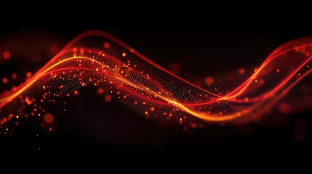 Bright red waves with glowing particles flow smoothly against a black backdrop, creating a mesmerizing visual effect that conveys energy and movement.