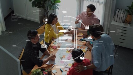 A dynamic team collaborates in a modern office environment, marked by diverse professionals engaged in brainstorming and planning, enhanced by digital elements for effective communication. Raster