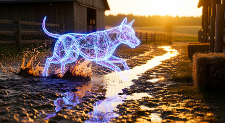 Future meets farm A vibrant holographic dog bounds through a sunlit country path, showcasing innovative digital art in a natural environment
