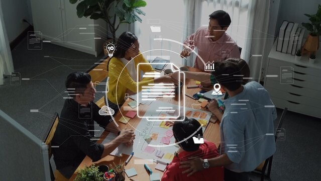 A dynamic team collaborates in a modern office environment, marked by diverse professionals engaged in brainstorming and planning, enhanced by digital elements for effective communication. Raster