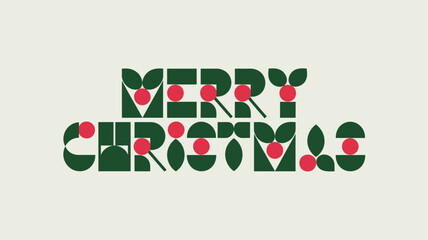Modern geometric merry christmas typography with holly berries and leaves