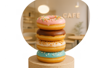 Stacked colorful donuts with sprinkles in cafe setting