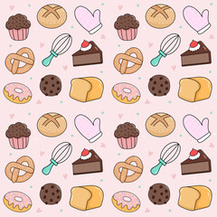 Cute Bakery Treats and Baking Tools Collection Seamless pattern design