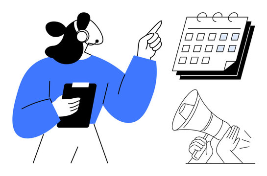 Person with a headset and clipboard gestures at a calendar, representing task coordination and planning. Loudspeaker symbolizes communication. Ideal for teamwork, planning, customer service