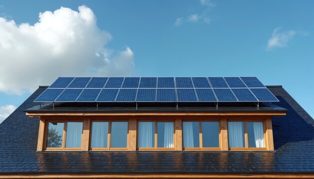 Modern house roof with solar panels installed generating clean energy. Blue sky with clouds above structure shows sustainable living and eco friendly approach to power generation.
