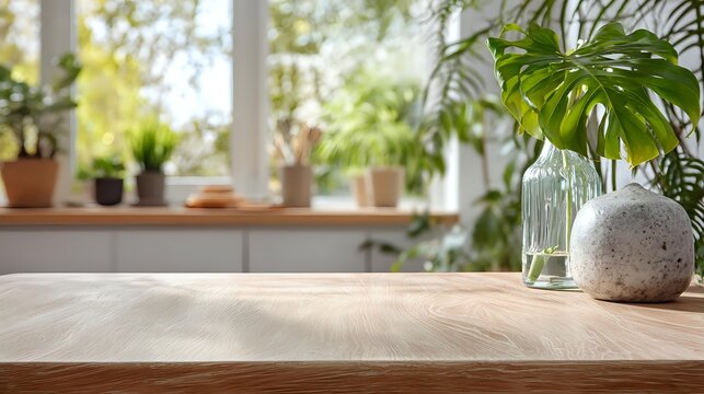 Wooden table with monstera leaf in glass vase and decorative stone sphere, bright interior with houseplants on windowsill in background.