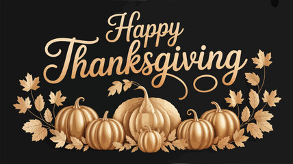Elegant golden happy thanksgiving greeting with pumpkins and autumn leaves on black background
