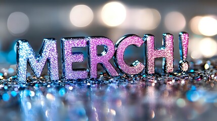 Glittery pink and blue "MERCH!" text on sparkling surface with bokeh background, perfect for promotional materials in entertainment and retail industries.