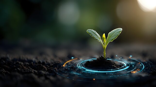 Young seedling sprouting from soil with futuristic glowing blue circular interface, symbolizing agricultural technology and sustainable growth in farming.