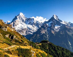 Majestic mountain landscape with snow-capped peaks, clear blue sky, scenic view.