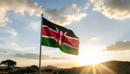 Fly the Kenyan flag proudly against a vibrant sunset sky, celebrating heritage and national pride on a golden horizon in the African landscape