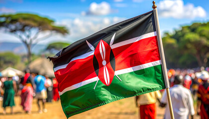 Vibrant Kenyan flag waving proudly amidst a bustling cultural celebration, symbolizing unity and national pride in the heart of Africa