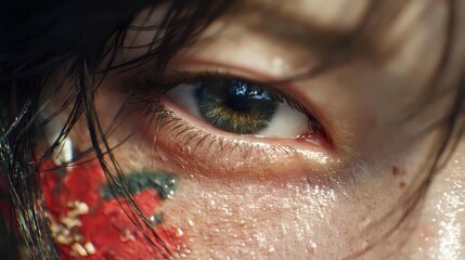 Close-up of intense green eye with dark hair strands and red paint or blood splatter on skin, creating dramatic contrast for creative visual storytelling.