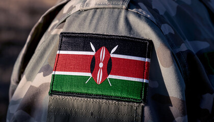 Kenya's flag emblem on military camouflage uniform represents patriotism, honor and courage, symbol of national identity, ideal for patriotic themes.