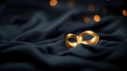 Elegant golden masquerade mask on dark fabric with soft bokeh lights in background, creating mysterious luxury atmosphere for events and celebrations.