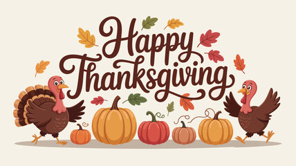Happy thanksgiving greeting with cute turkeys and pumpkins surrounded by autumn leaves