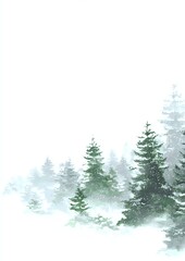 Fototapeta premium Misty winter forest with evergreen pine trees in fog and snow, creating serene atmospheric landscape for seasonal designs.