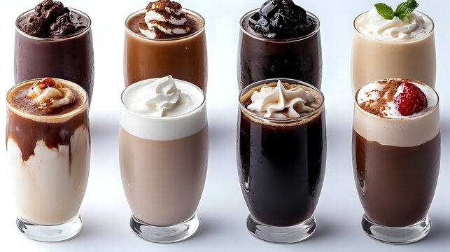 Assortment of layered desserts in glasses featuring chocolate mousse, coffee cream, vanilla pudding, and fruit-topped treats with whipped cream garnishes.