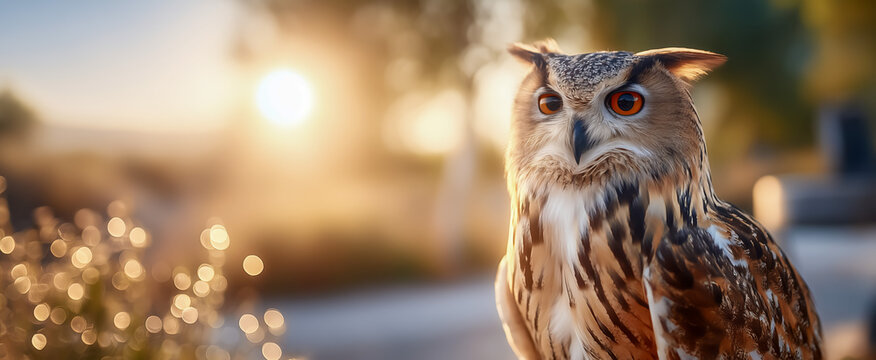 Majestic owl with striking orange eyes in soft sunlight