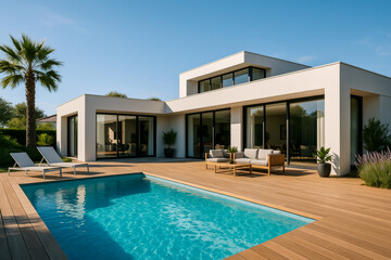 Modern house with pool and patio under clear blue sky