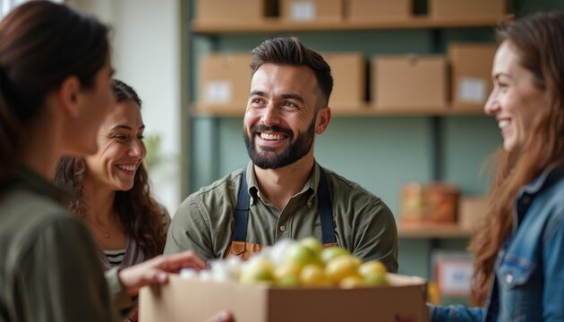 Diverse group collaborates on food donation drive. Volunteers share smiles and load boxes with produce for community aid. Teamwork and generosity define their helpful mission. - Powered by Adobe