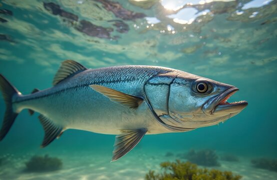 Large Atlantic tarpon swims in clear blue ocean water near sandy seabed. Sun reflects on fish scales, showing its silver body and fins. Wild underwater life forms habitat.