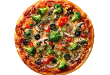 Vegetable pizza with broccoli, mushrooms, tomato, olives