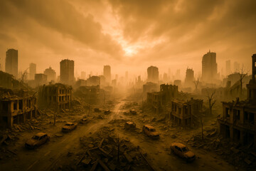 Abandoned cityscape in dystopian atmosphere at sunset