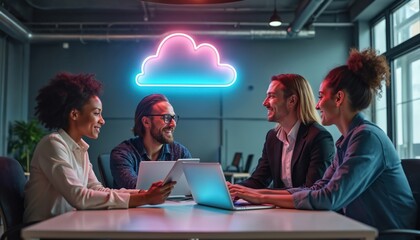 Diverse team work with laptops under cloud. Professionals collaborate in modern office. Multiethnic group plans, discuss project. Tech employees smile, connect. Coworkers meeting share thoughts, use