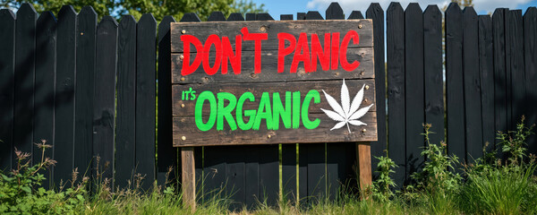 Obraz premium Handmade wooden sign on black fence displays Not Panic Organic with white cannabis leaf symbol. Board promotes organic weed products, reflecting relaxed approach to legal marijuana sales,