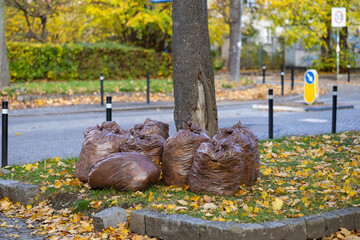 Piles of brown garbage bags resting beside a tree in a park during autumn, surrounded by fallen leaves and a vibrant yellow backdrop, showcasing waste management efforts