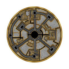 Intricate circular design resembling a futuristic city map or advanced circuit board with gold, grey, and black elements.