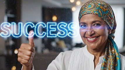 Smiling woman showing thumbs up with glowing success text. - Powered by Adobe