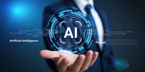 AI Technology and Digital Innovation with Artificial Intelligence Concept Hand and AI Data Future. future technology