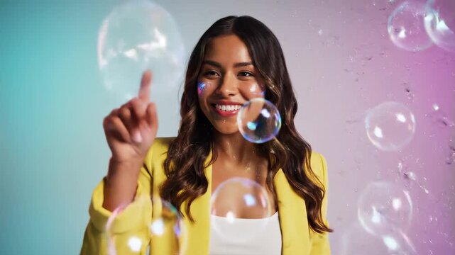 Smiling woman surrounded by question bubbles and light effects, representing customer queries and online shopping.