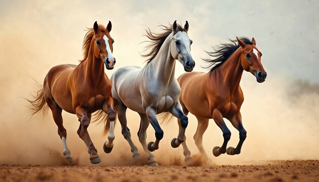 Three majestic wild horses run fast across dusty field at golden hour. Grey horse, two brown horses gallop powerfully together. Dust clouds rise from hooves as move with energy, speed, freedom under