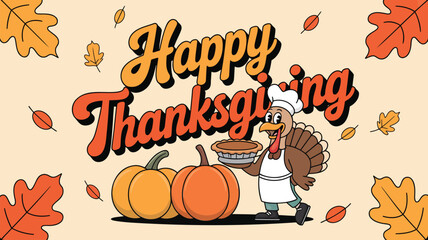 Happy thanksgiving cartoon turkey holding a pie with pumpkins and autumn leaves on a beige background